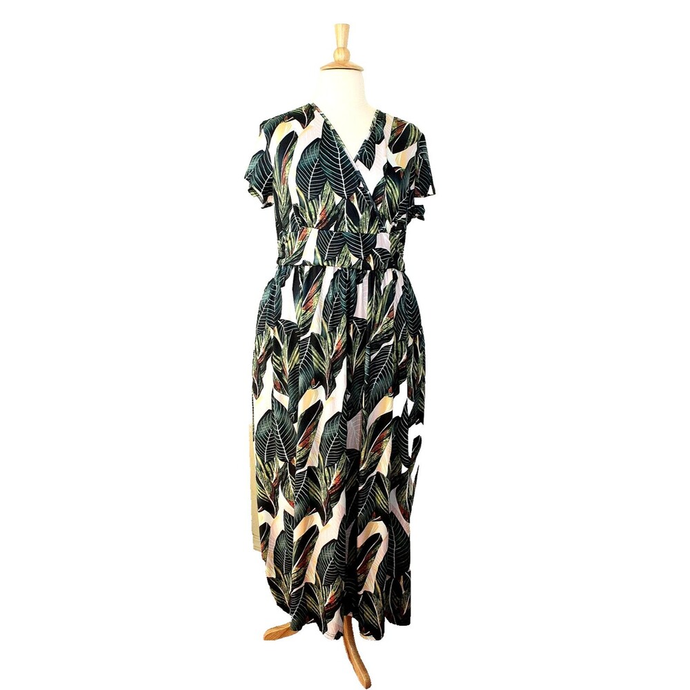 Romantic OUGES BOHO Summer Dress Plus Sz. 3XL White Green Tropical Leaves Maxi *